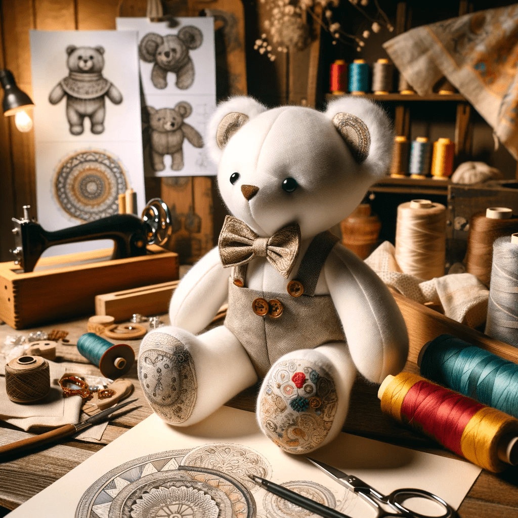A beautifully crafted, custom-made plush toy sitting on a workbench, surrounded by artisan tools and fabrics. The plush toy is unique and detailed