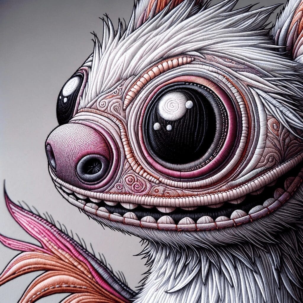 A close-up, detailed, hand-drawn illustration focusing on the unique details of a custom plush toy. The image should highlight the craftsmanship, show