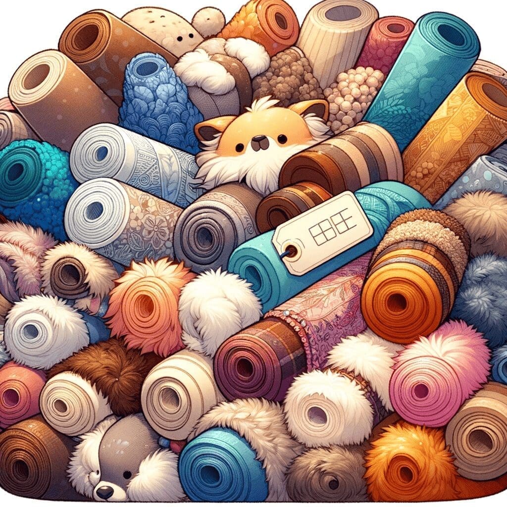 A close-up illustration showing an array of plush toy fabrics with different textures and patterns, including velvets, tweeds, and faux furs. The imag