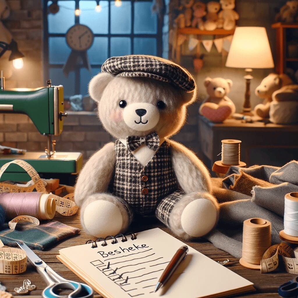 A cozy and inviting image of a plush toy workshop showing a completed bespoke plush toy on a workbench. The toy is surrounded by sewing tools, fabric