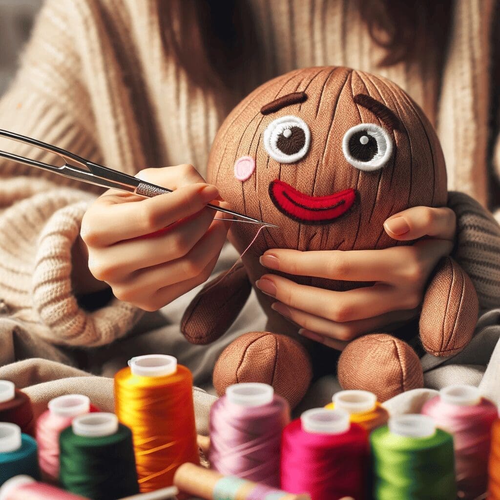 A cozy and lively sewing scene, with a plush toy in the midst of being stitched together. The image should show an array of colorful threads, a needle