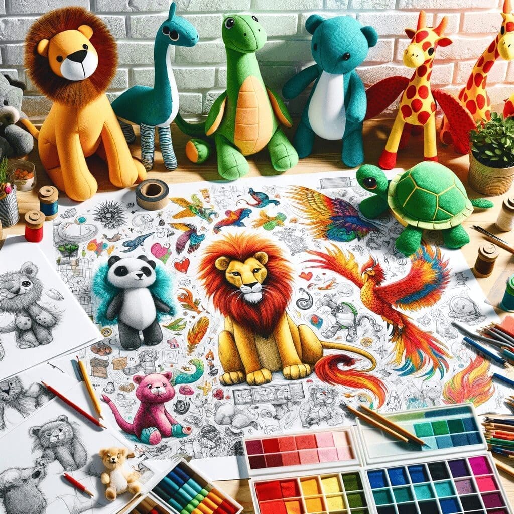A creative and vibrant image showing the process of making various custom-made plush toys, including a lion, a giraffe, a turtle, and a phoenix.