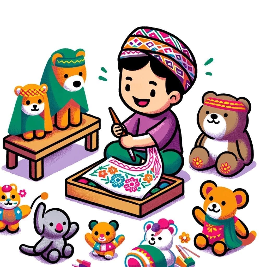 A delightful illustration of a child happily playing with a variety of custom-designed stuffed animals, showcasing the joy and satisfaction of seeing
