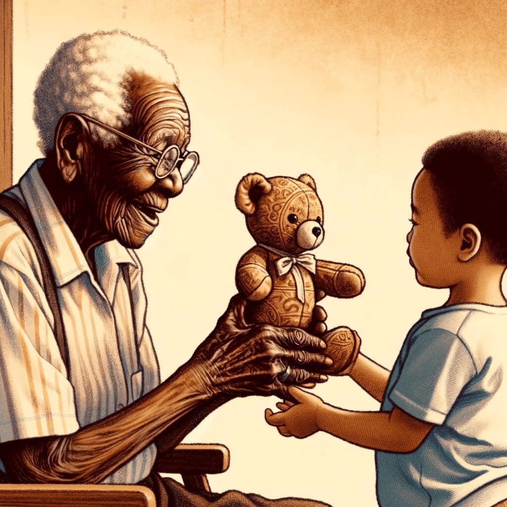 A detailed, hand-drawn illustration of a plush toy being passed down through generations. The scene should depict an elderly person, with African desc