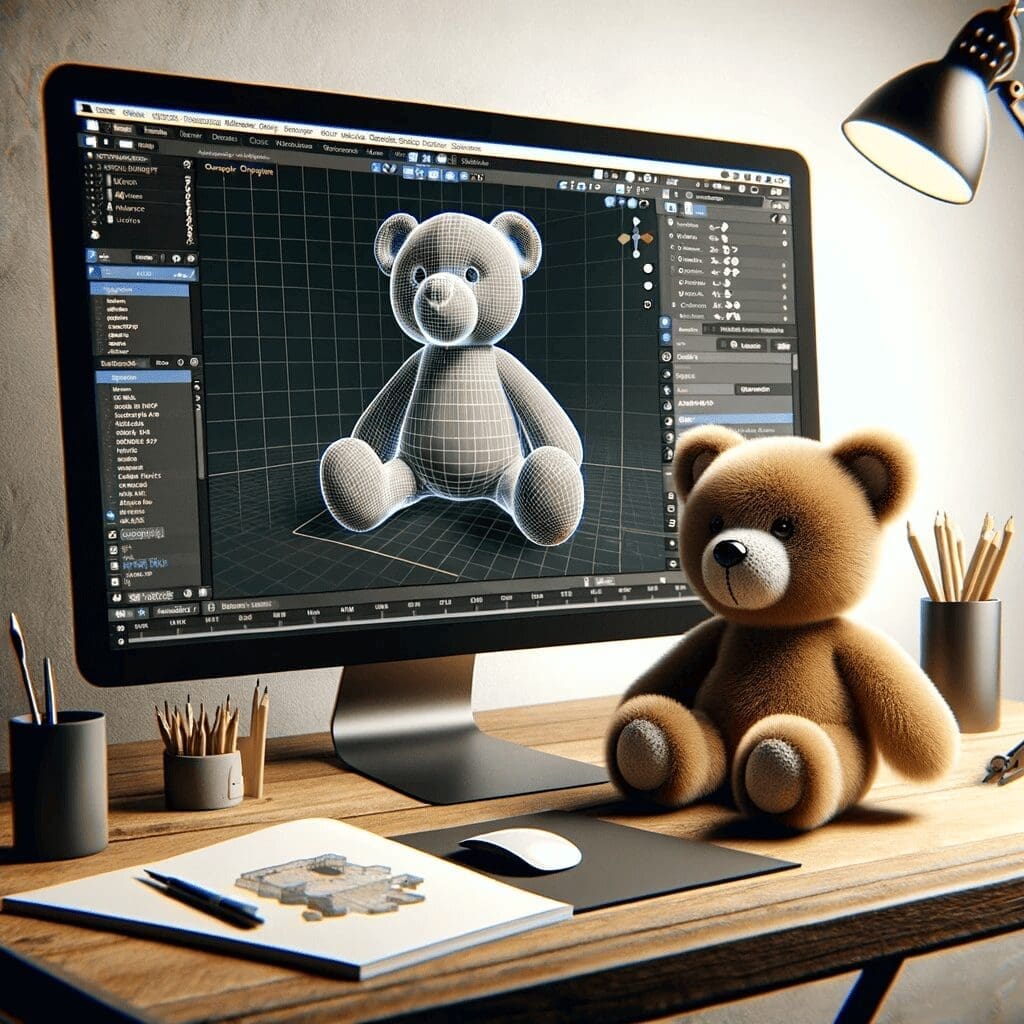 A digital design workspace showing a 3D model of a stuffed animal on a computer screen, with 3D modeling software like Blender or Maya open. The scene (1)