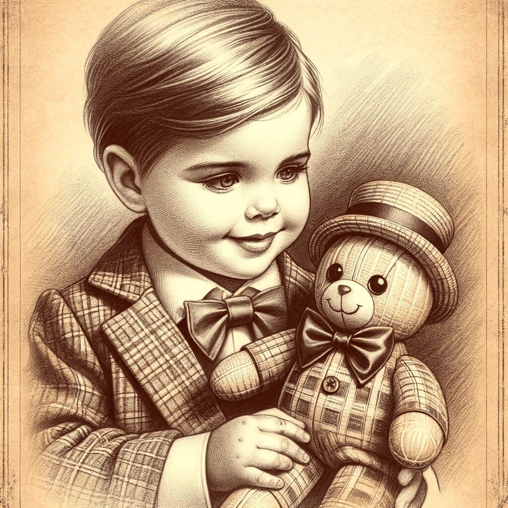 A hand-drawn, retro-style pencil illustration of a child with European descent holding a custom plush toy. The artwork should have a very authentic, v