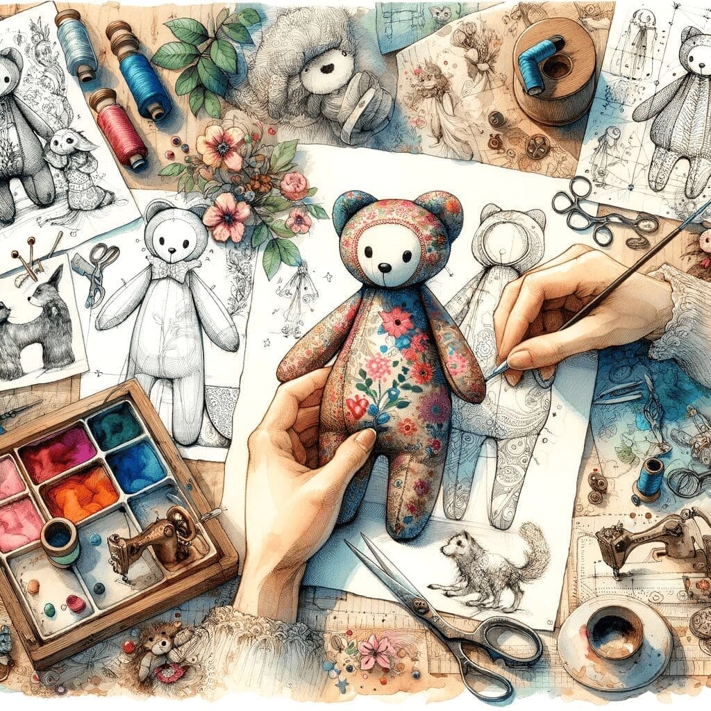 A hand-painted, artistic illustration showing the process of making a custom plush toy, from sketching to stitching, in a whimsical style. The image s