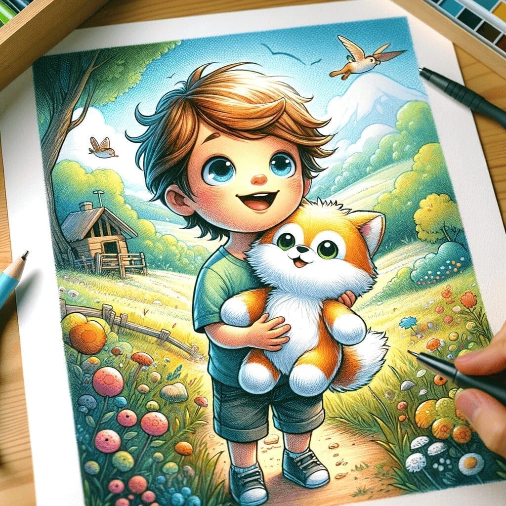 A heartwarming, hand-drawn illustration of a custom plush toy being held by a child as they embark on an outdoor adventure. The child, with Caucasian
