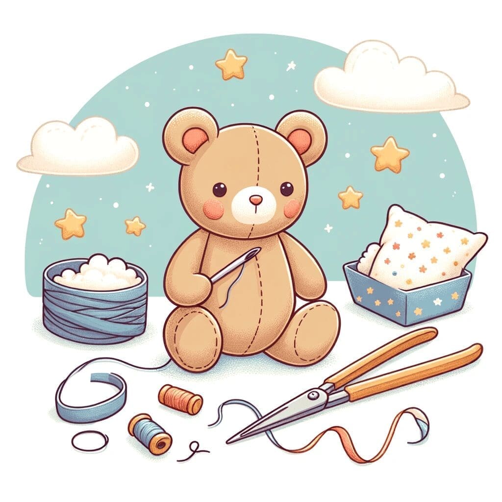 A heartwarming illustration of a nearly completed stuffed animal, with stuffing, sewing needle, and thread nearby. The scene should capture the moment (1)