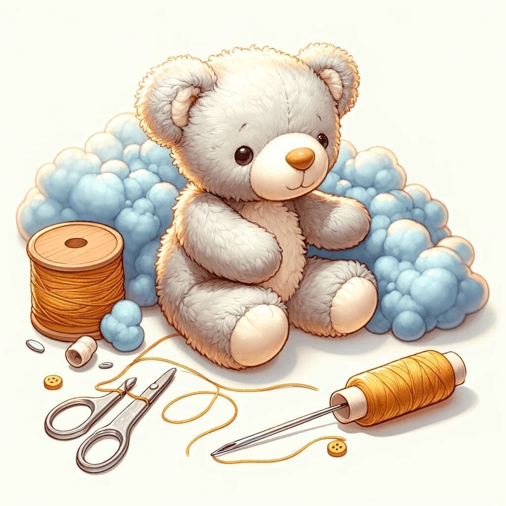 A heartwarming illustration of a nearly completed stuffed animal, with stuffing, sewing needle, and thread nearby. The scene should capture the moment