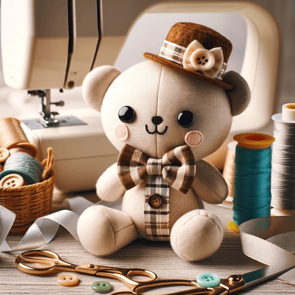 A heartwarming image of a plush toy with distinctive accessories like a tiny hat and a bow tie, placed next to a sewing kit with ribbons and buttons.