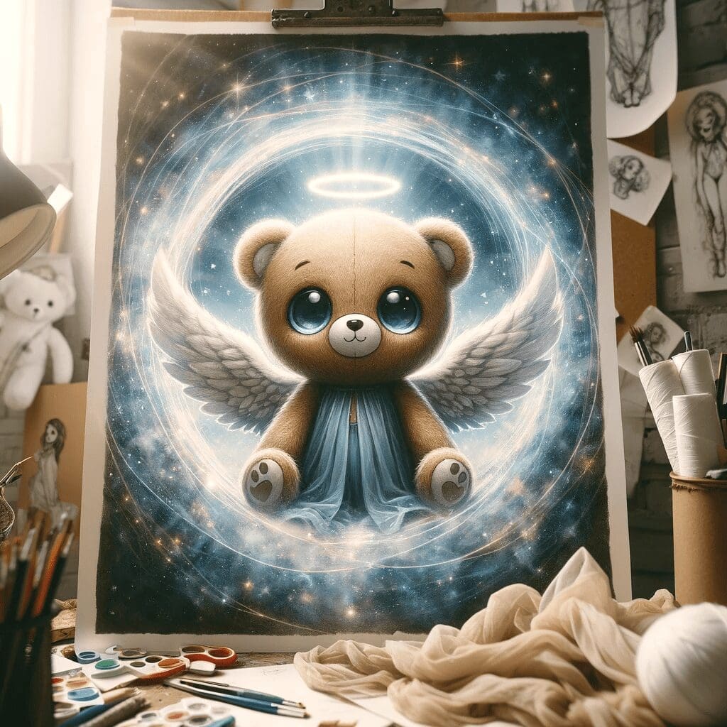 A mystical illustration of a plush toy opening its eyes for the first time, surrounded by a halo of light. The toy should look endearing and alive, si