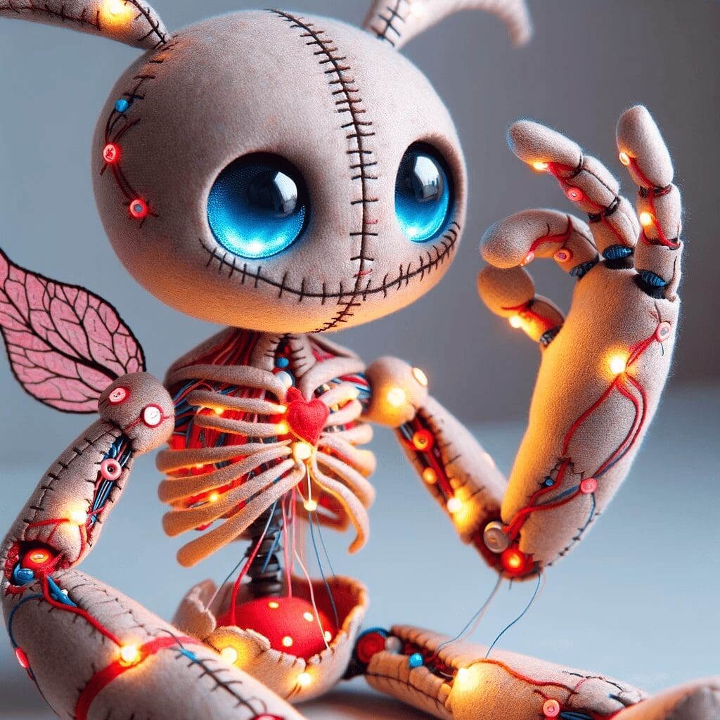A plush toy with jointed limbs and LED elements, showcasing intricate sewing techniques and the addition of lights for a magical touch (3)