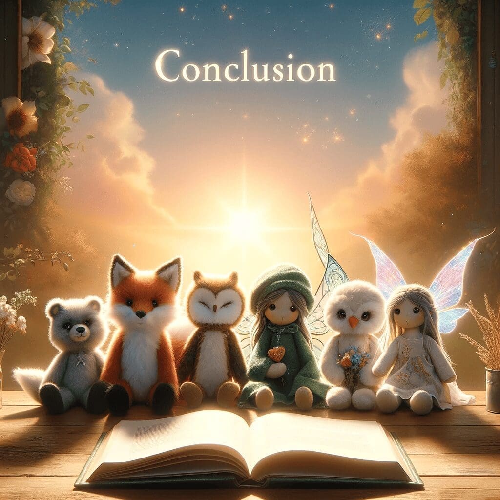 A serene and reflective image showcasing a diverse collection of custom-made plush toys, including a fox, an owl, a dolphin, and a fairy