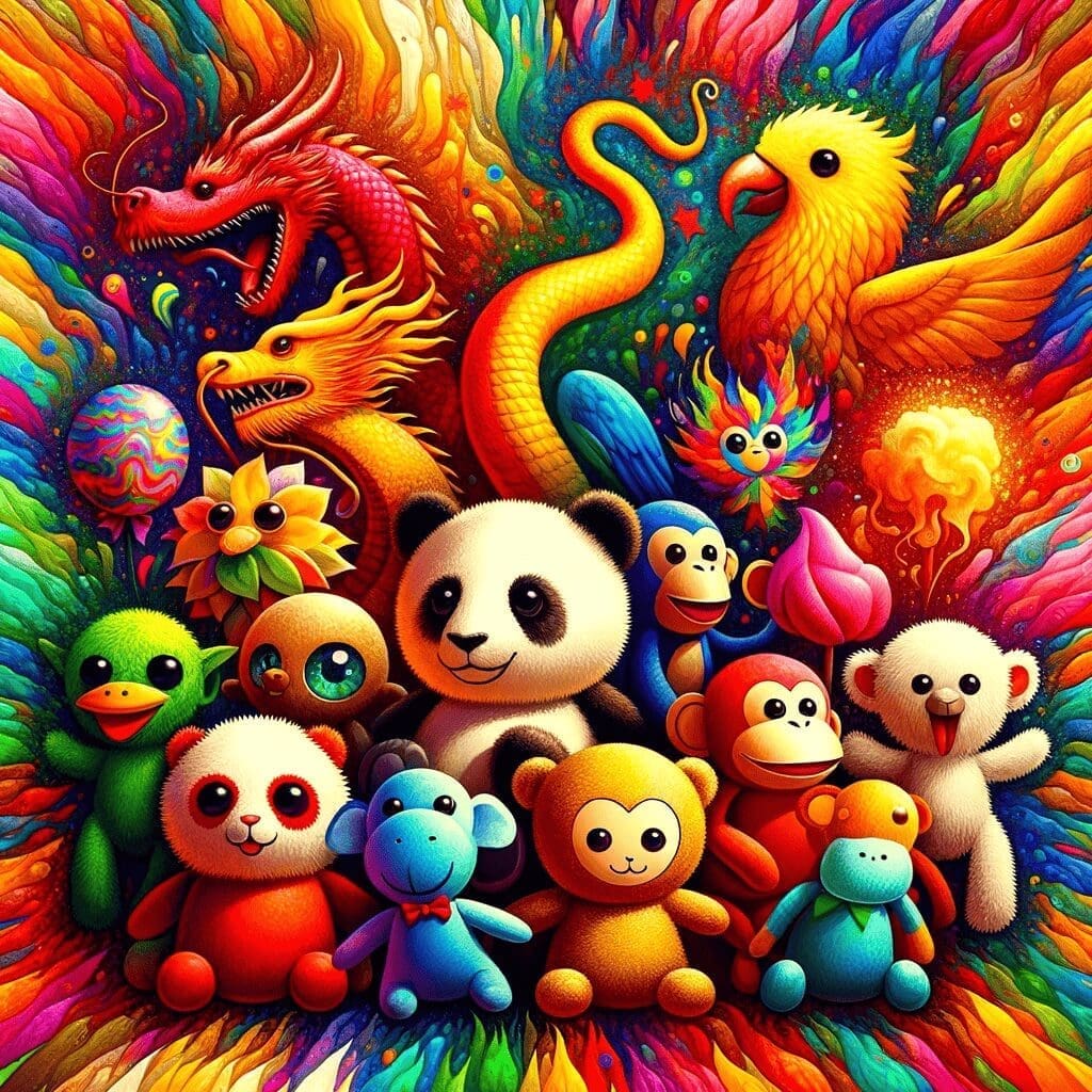 A vibrant and colorful array of simple plush toys, including a dragon, a panda, a monkey, and a parrot, representing various special occasions