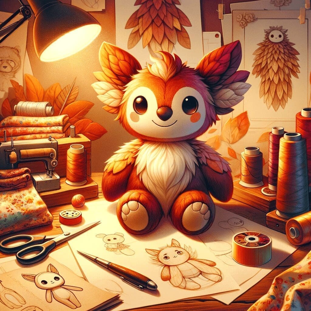 A warm and inviting illustration depicting a plush toy designer’s workshop with a finished plush toy sitting on the table surrounded by sketches, fabr