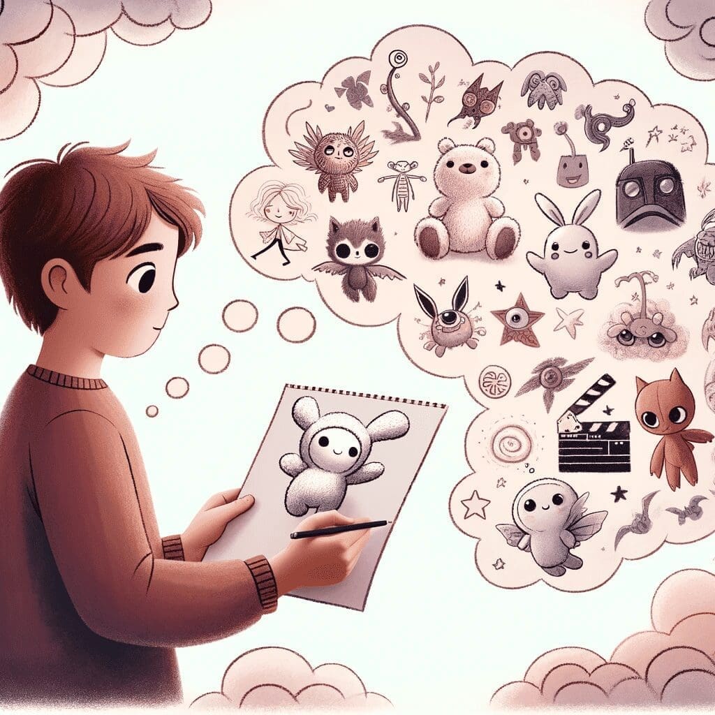 A whimsical drawing of a child with a look of wonder on their face, holding a sketch of a plush toy that combines elements from various fantasy creatu