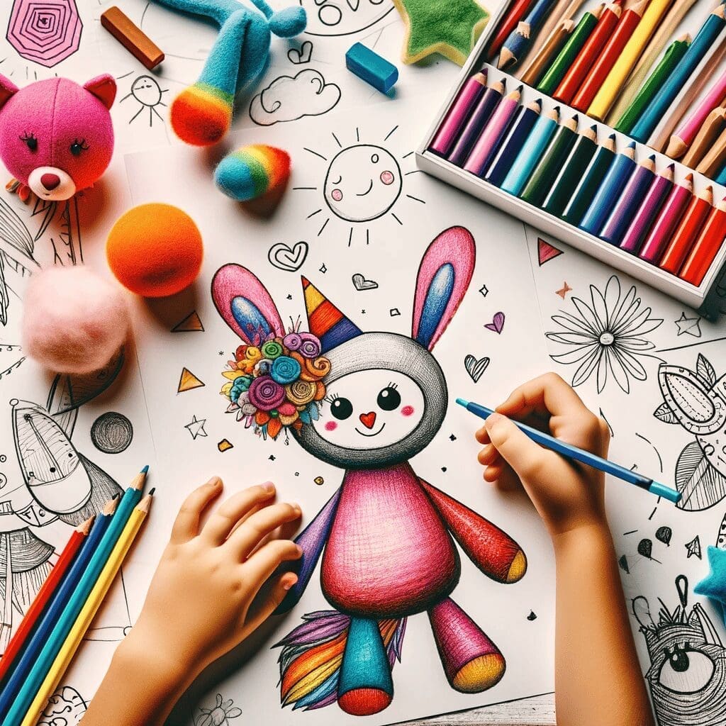 A whimsical illustration of a child drawing a unique stuffed animal design, surrounded by colorful crayons and imaginative sketches, in a bright, play