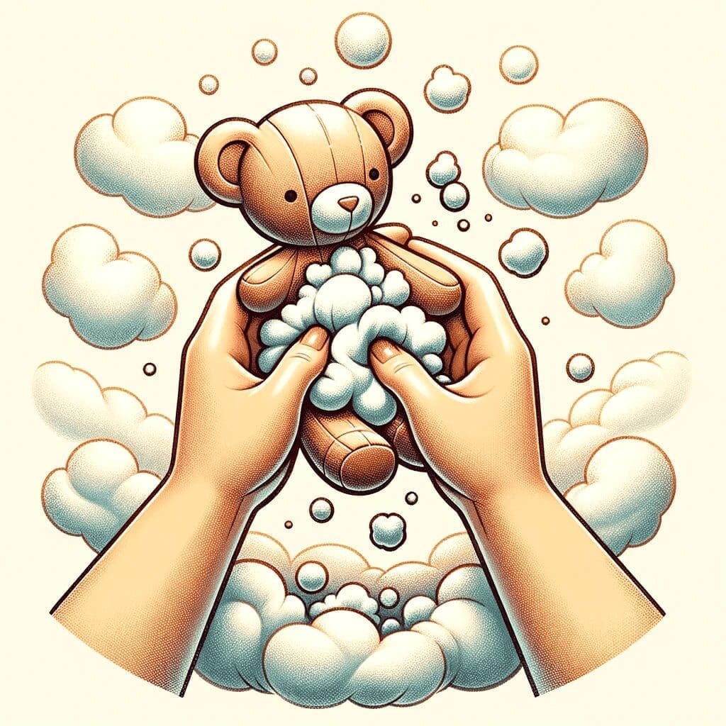 A whimsical illustration of a plush toy in the process of being filled with stuffing. The image should capture the toy’s transformation from flat fabr