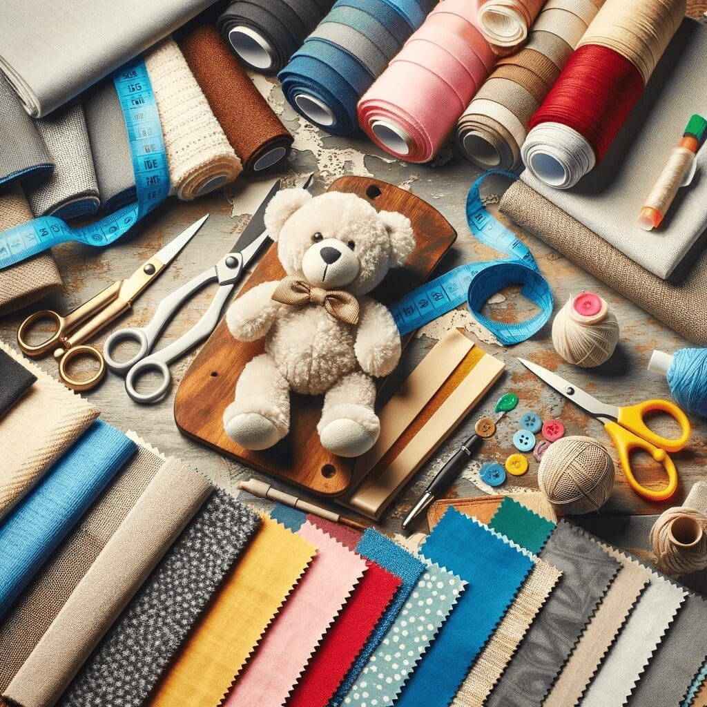 An array of different fabric swatches, featuring various textures and colors, artfully arranged on a worktable. Include tools like scissors, measuring