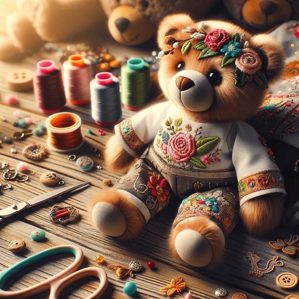 An artistic depiction of a finished custom stuffed animal adorned with unique accessories and personal touches. The scene should showcase a variety of (1)