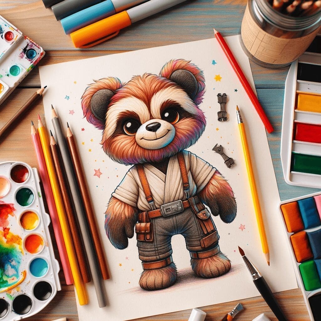 An artist’s desk with pencils, markers, and watercolors scattered around, alongside a paper with a detailed colored sketch of a character from a popul