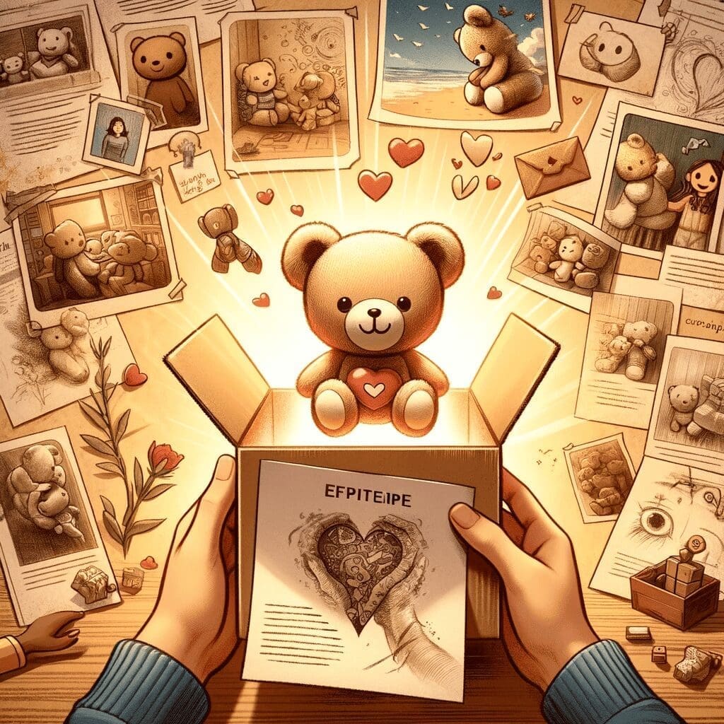 An emotional and heartwarming image depicting the sentimental journey of custom-made plush toys. The scene should include a plush toy being unboxed