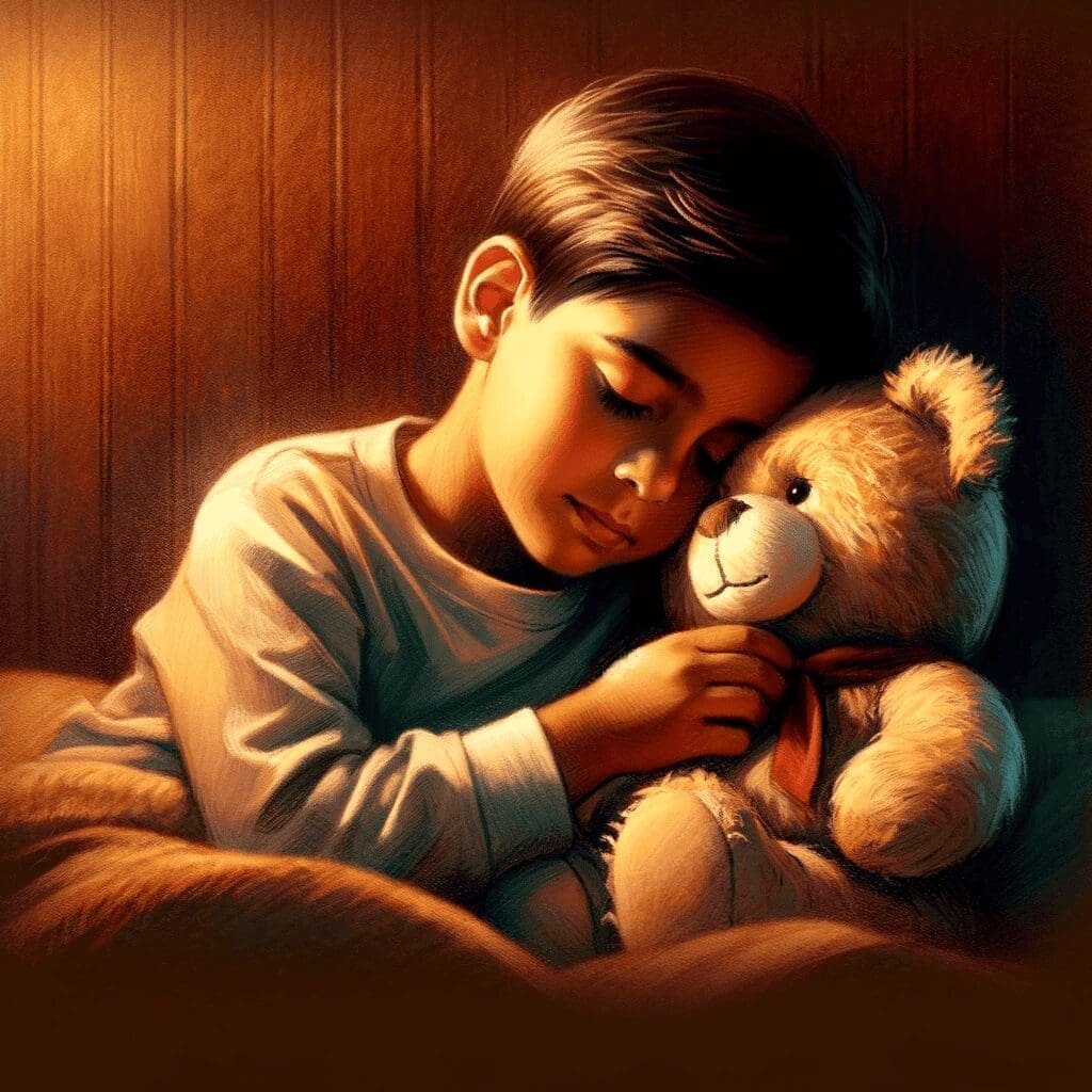 An emotional illustration of a child, with Hispanic descent, and their custom plush toy depicting a tender moment. The child is shown in a comforting
