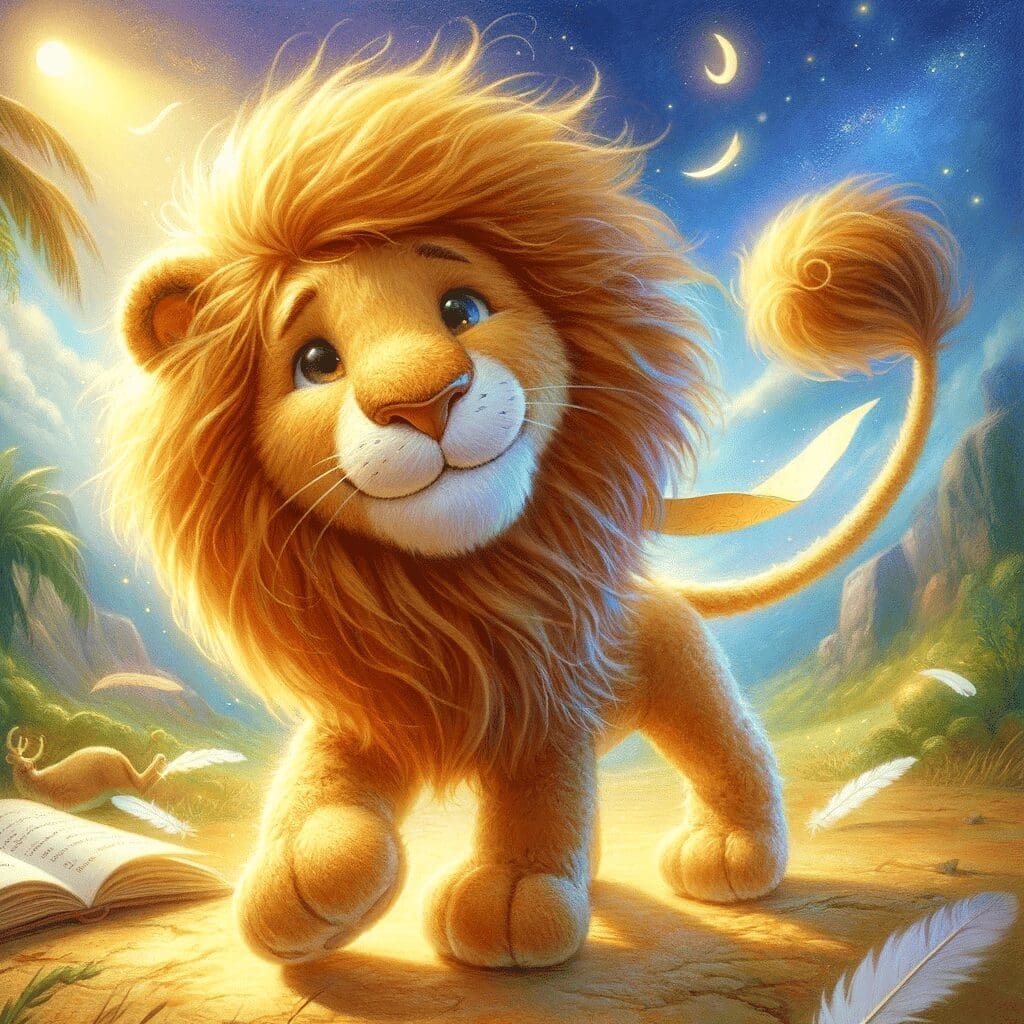 An illustration of Leo the Lion, a custom plush toy created for a little boy who dreamed of adventures. Leo should appear majestic and friendly, with