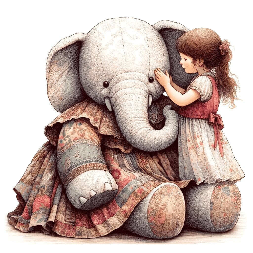 An illustration of a plush elephant named Ella, created from a grandmother’s old dress. The elephant toy should look unique and carry the essence of a