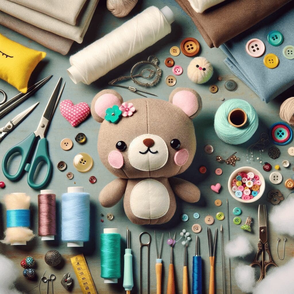 Crafting the Plushie an array of tools like fabric, stuffing, sewing needles, thread, buttons, and beads laid out on a crafting table. The scene repr