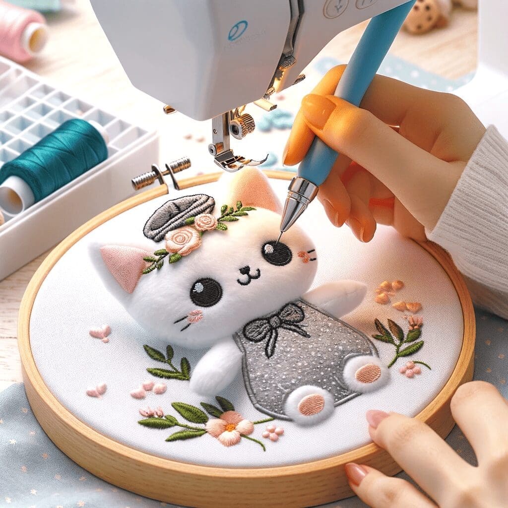 Customizing Your Creation a plush toy being personalized with embroidery and accessories like a tiny hat and a bow. The image should show the process (2)