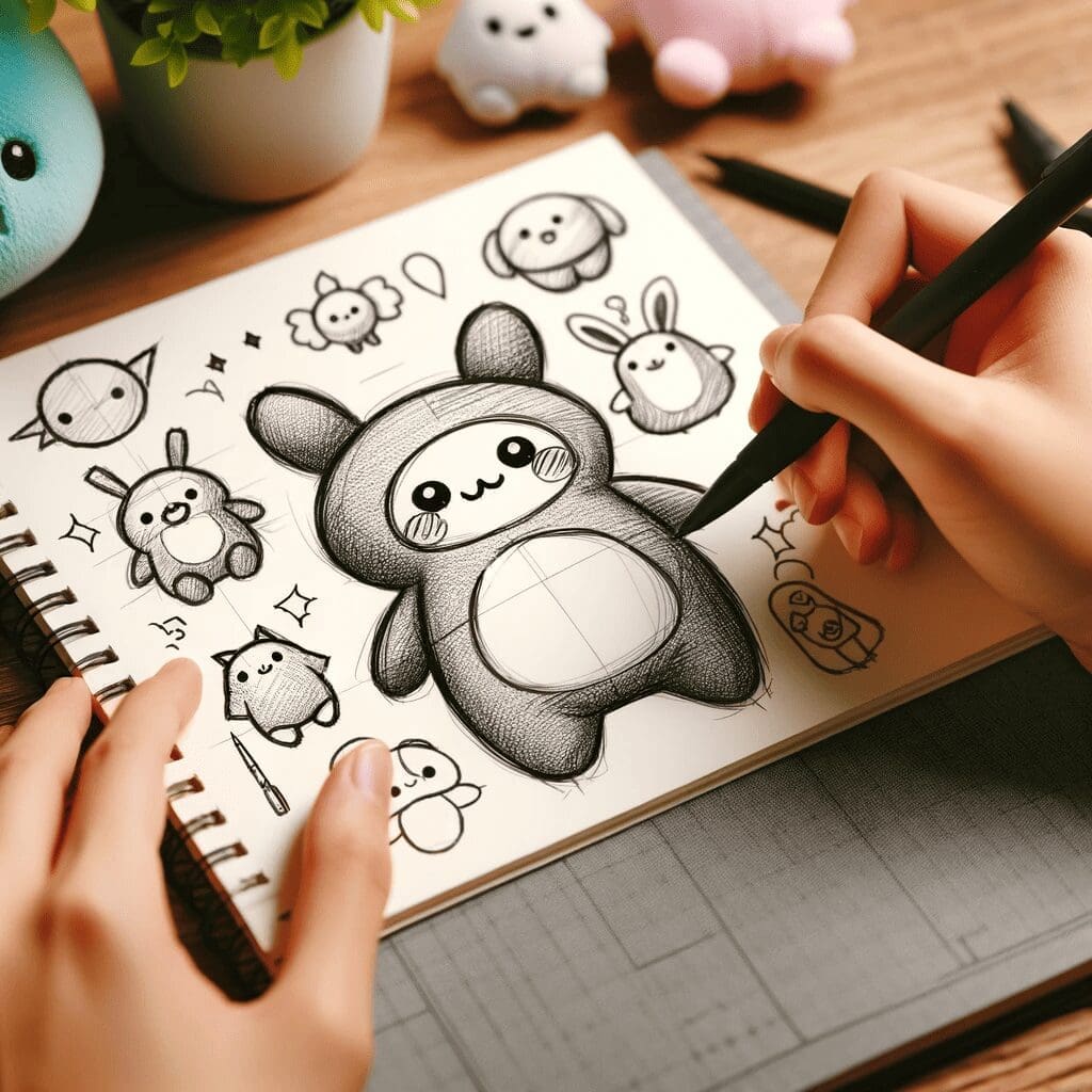 Designing Your Plushie a hand sketching a plushie design on paper. The sketch shows a plushie with different shapes and features, emphasizing the cre