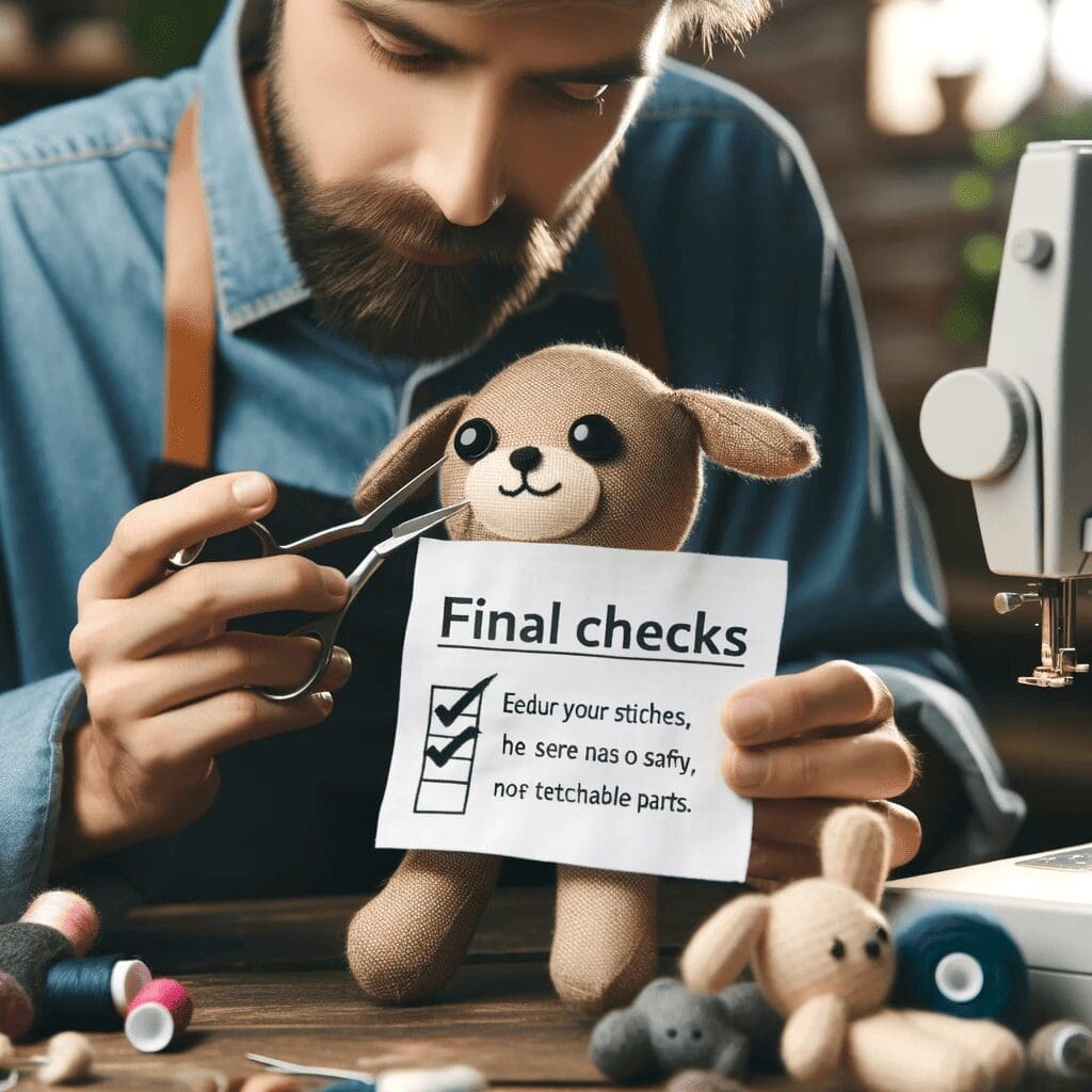 Final Checks Ensuring Quality and Safety a crafter meticulously examining a plush toy, checking stitches and ensuring there are no small, detachable