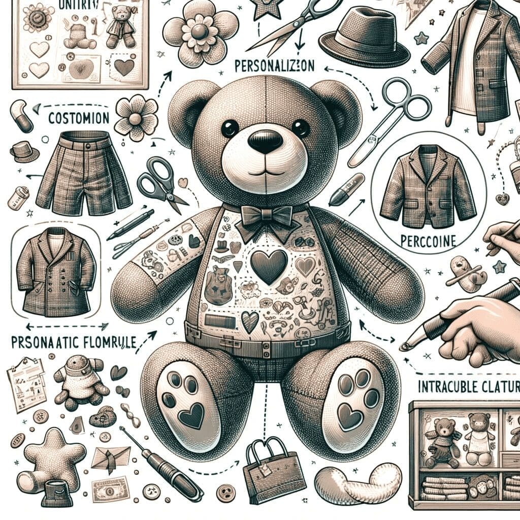 Illustration depicting the customization and personalization process in making a custom stuffed animal, in a hand-drawn, realistic style, without any (1)