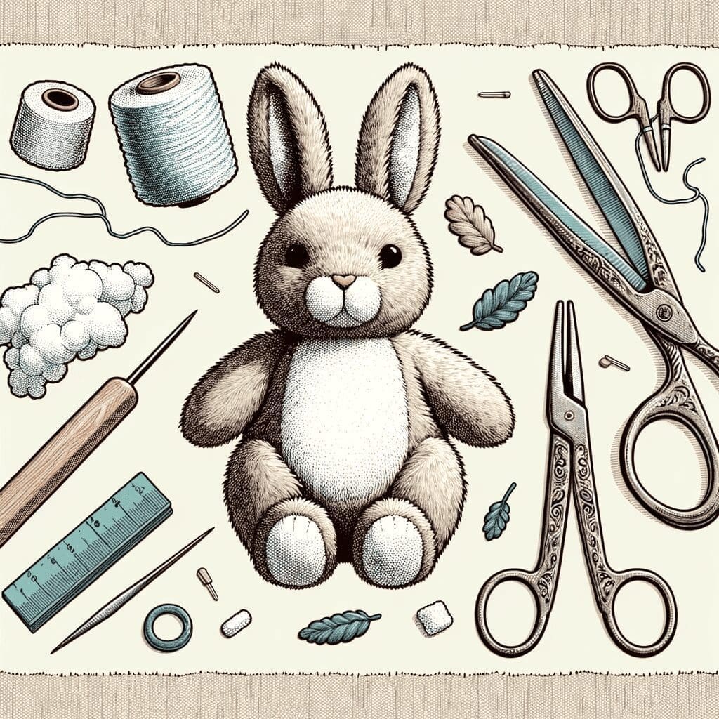 Illustration depicting the process of bringing a custom stuffed animal to life, in a hand-drawn, realistic style, with no text. Show a nearly finished