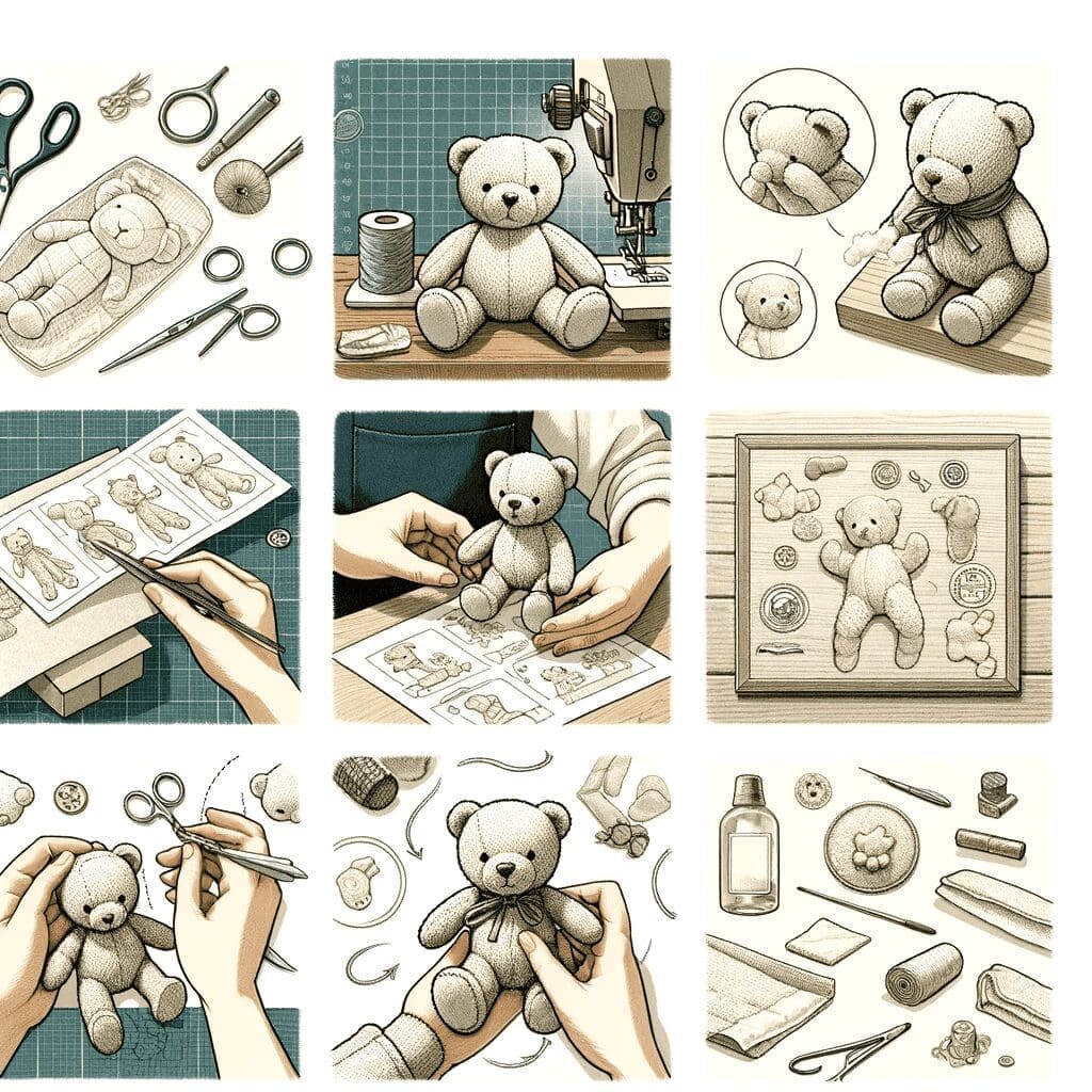 Illustration depicting the quality check and finishing process in making a custom stuffed animal, in a hand-drawn, realistic style. Include scenes of (1)