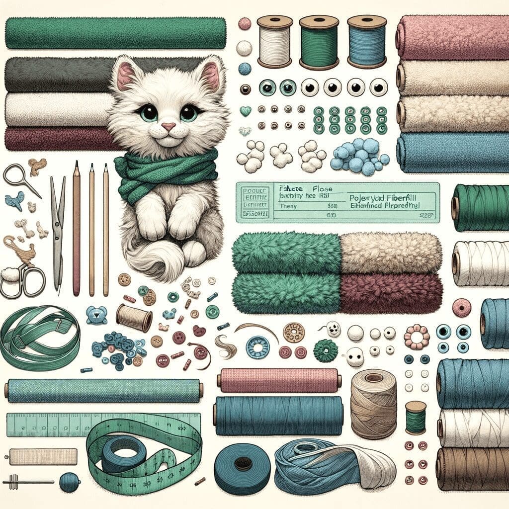 Illustration depicting the selection of materials for making custom stuffed animals, showcasing various fabrics like fleece, plush, and cotton, alongs