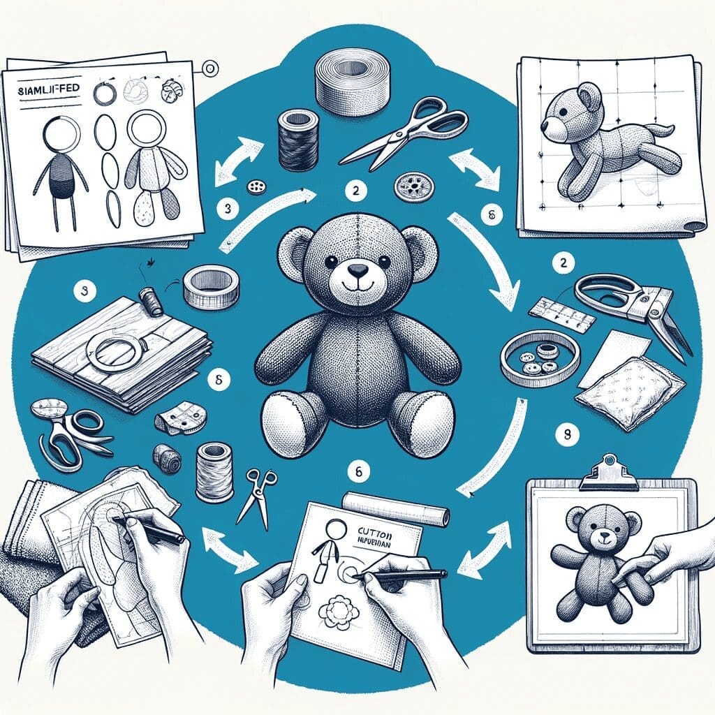 Illustration depicting the simplified process of crafting a custom stuffed animal, in a hand-drawn, realistic style, with no text. The image should in (1)