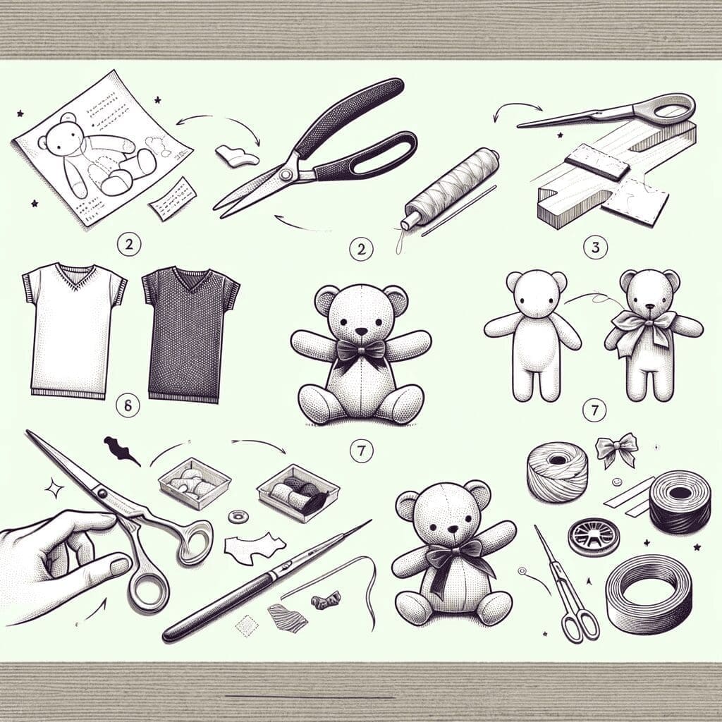 Simplified illustration depicting the process of crafting a custom stuffed animal, in a hand-drawn, realistic style, with no text. The image should in (1)