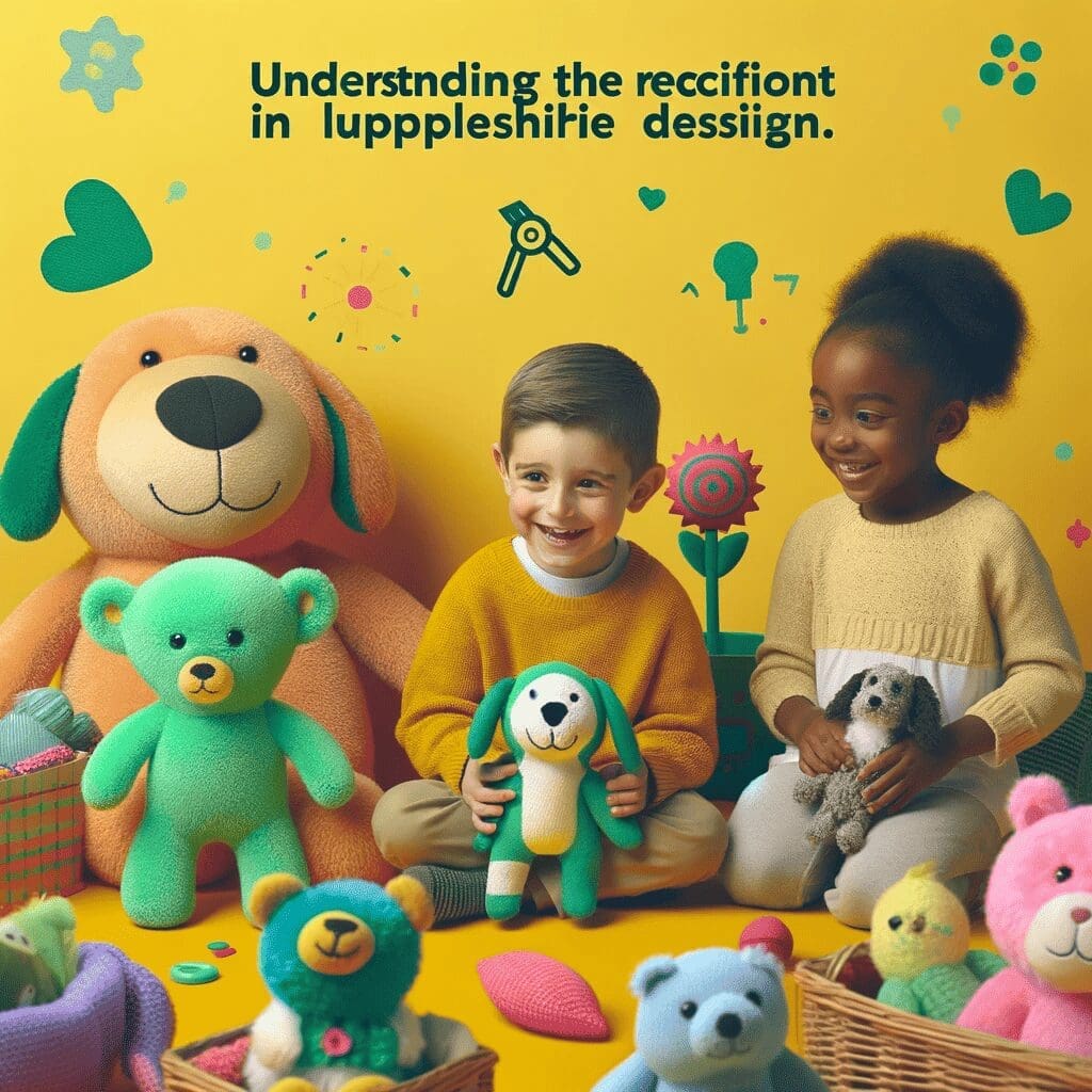 Understanding the recipient in plushie design a child surrounded by vibrant, colorful plush toys and an adult holding a sophisticated, pet-resembling