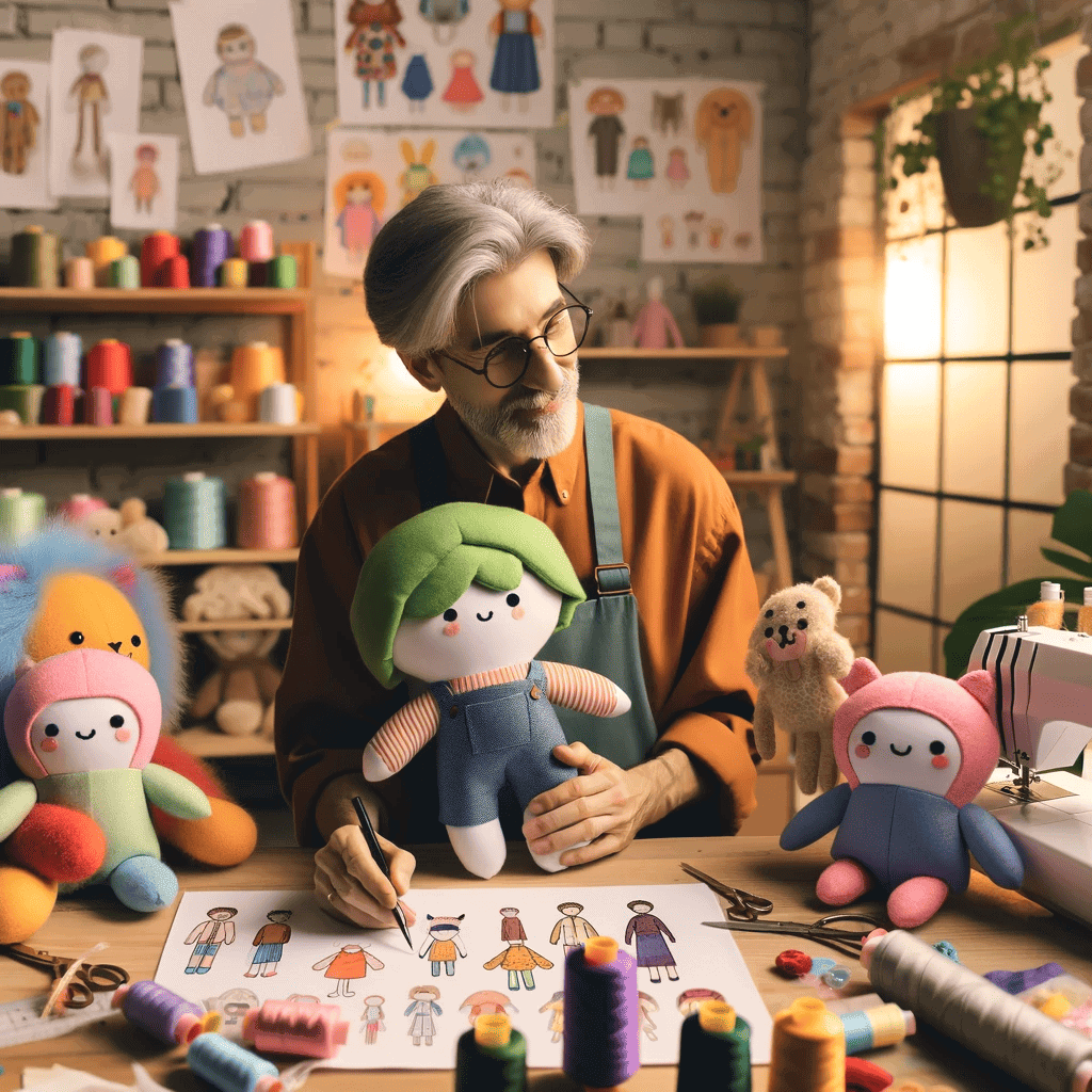 A toy maker in a workshop, surrounded by colorful personalized plushies, including one resembling a person. The scene shows a cozy and creative enviro (1)