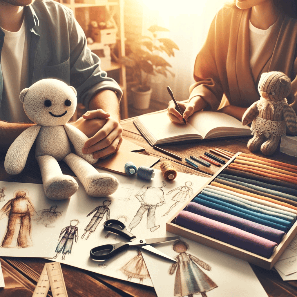An image depicting a toy maker and a client in discussion, with the toy maker taking notes. The setting is warm and inviting, filled with sketches and_1