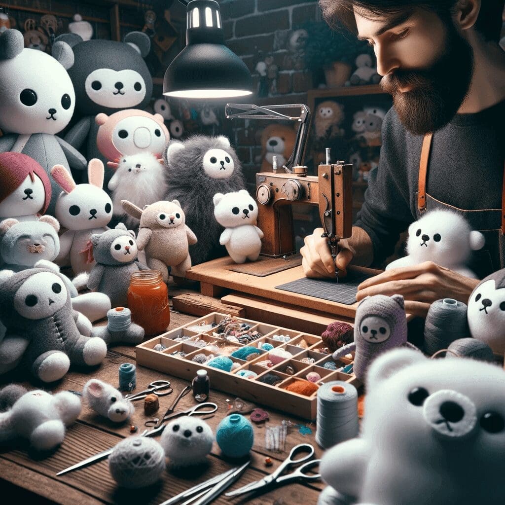 An image depicting an artisan toy maker in a workshop, surrounded by an array of custom-made plushies. The scene highlights the diverse range of plush_1