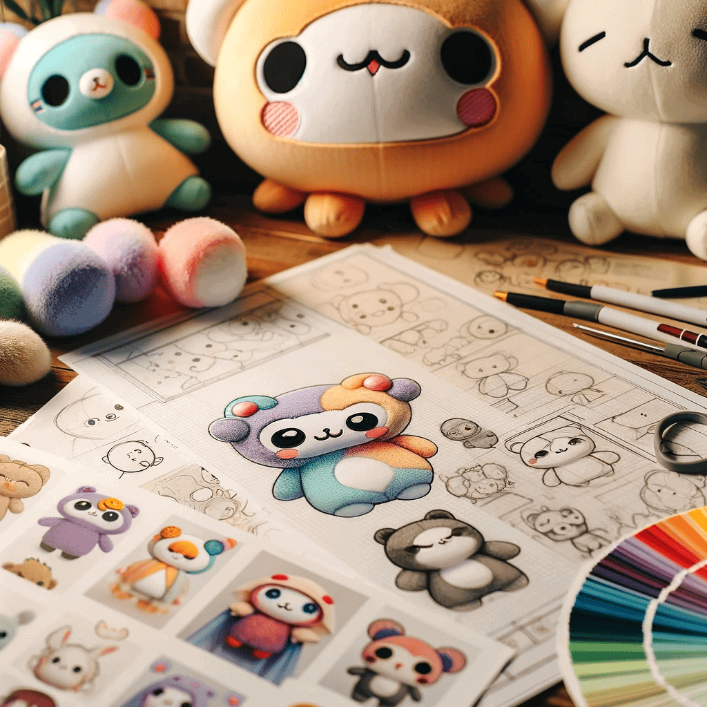 An image depicting the design process of a custom plushie, showing sketches and drawings of various plushie designs laid out on a table. The focus is _1