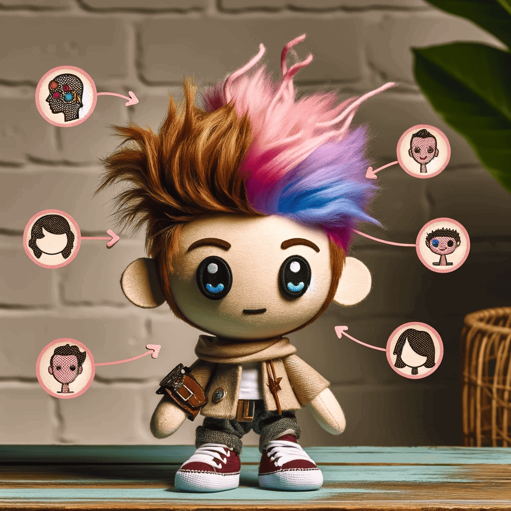 An image showing a plushie with personalized characteristics, such as unique hairstyle and attire, resembling a specific person. The plushie is displa_1