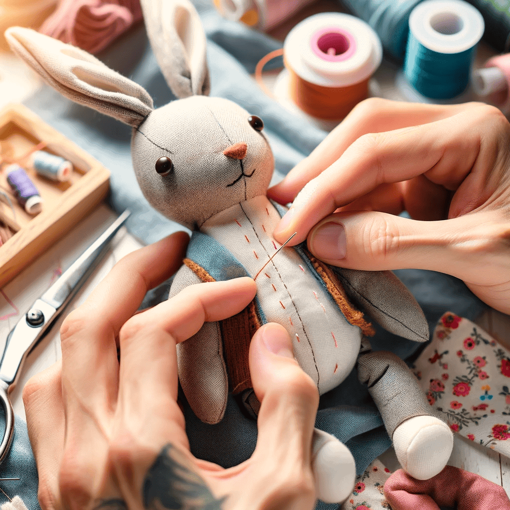 An image showing the hands of a toy maker meticulously crafting a plushie, with close-up details of stitching and fabric texture. The focus is on the _1